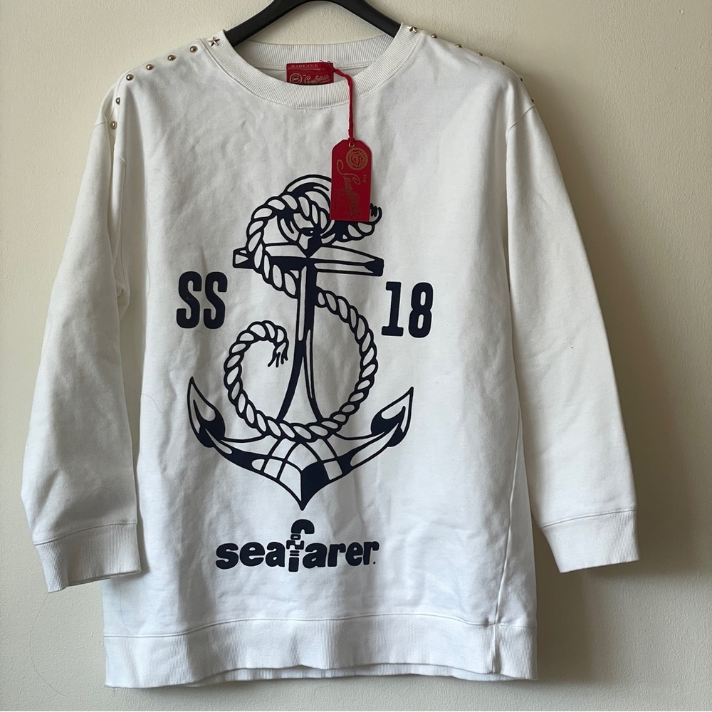 NEW VTG 90s SEAFARER Italy White oversized sweatshirt anchor nautical fisherman
